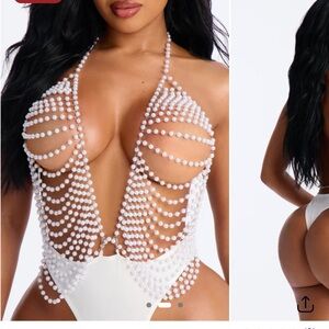 Pearl Beaded Mesh Teddy in White